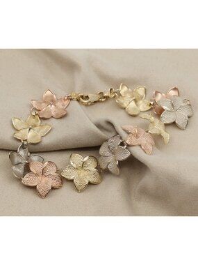 14K Tri Tone Multi Color Gold Plumeria Hibiscus Flower Link Bracelet - 7.50" L
